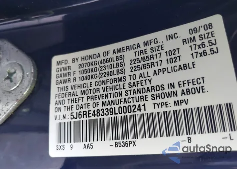 2009 Honda Cr-V Lx from USA, damaged, VIN 5J6RE48339L000241